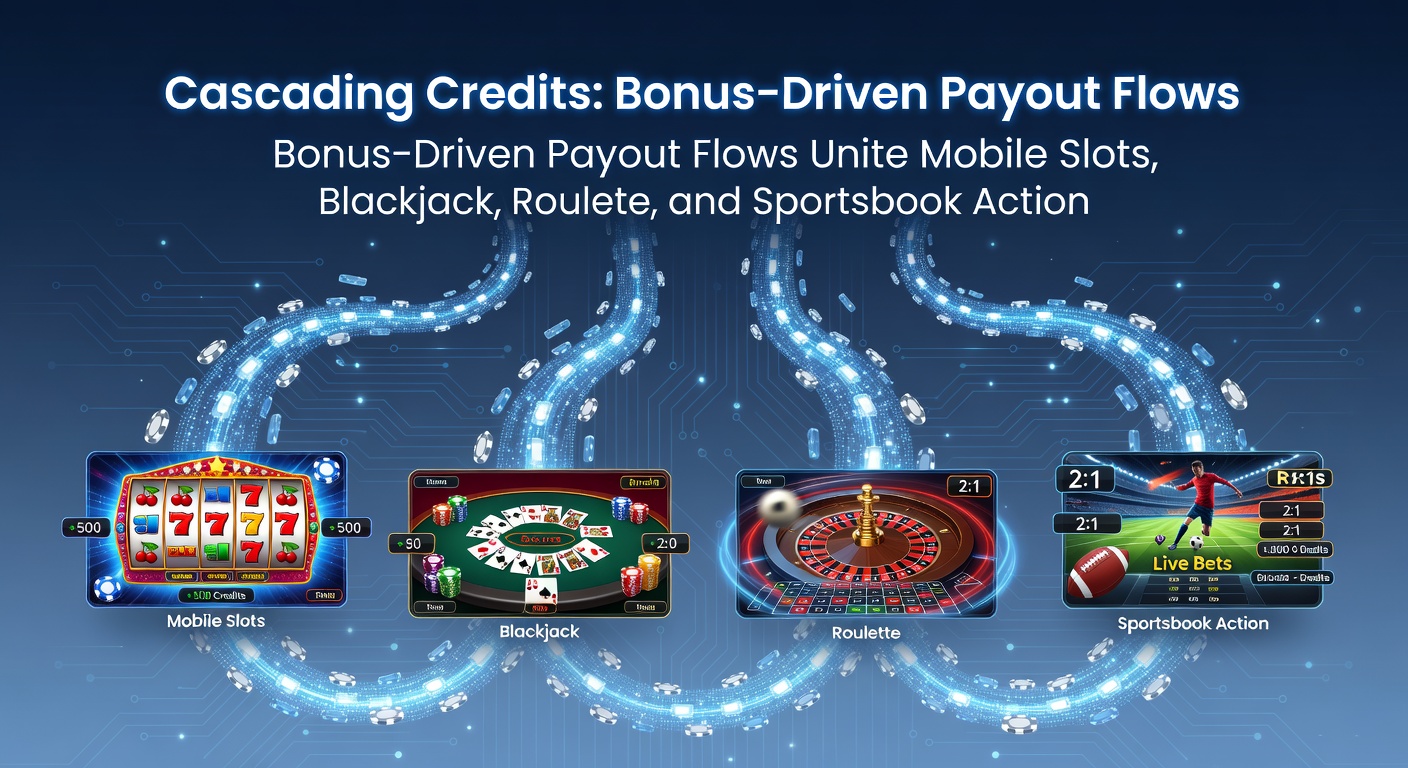 Vibrant digital cascade of bonus credits flowing between slot reels, blackjack tables, roulette wheels, and sportsbook odds boards, illustrating unified payout systems
