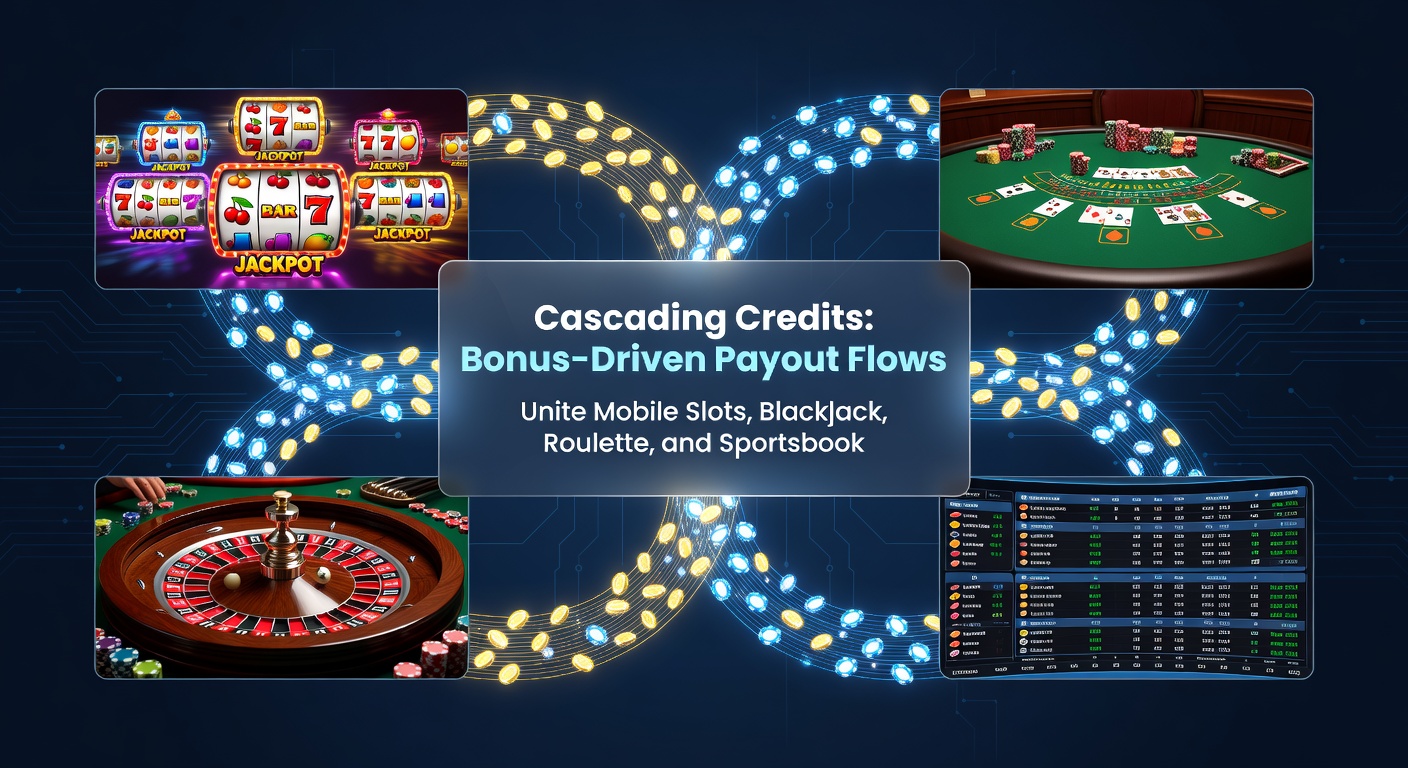 Dynamic graphic of bonus credits pouring from slot machines into blackjack hands, roulette spins, and sportsbook tickets, highlighting interconnected payout pathways