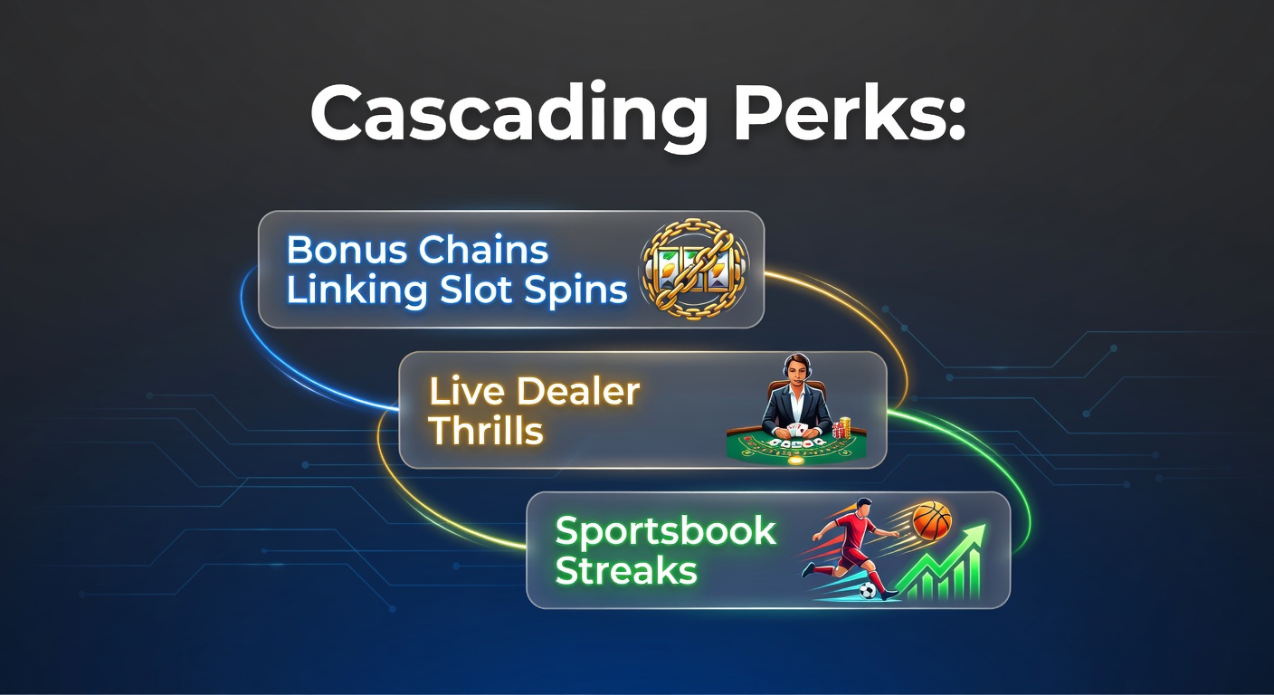 Vibrant slot reels cascading into live dealer tables and sportsbook odds displays, illustrating interconnected bonus chains