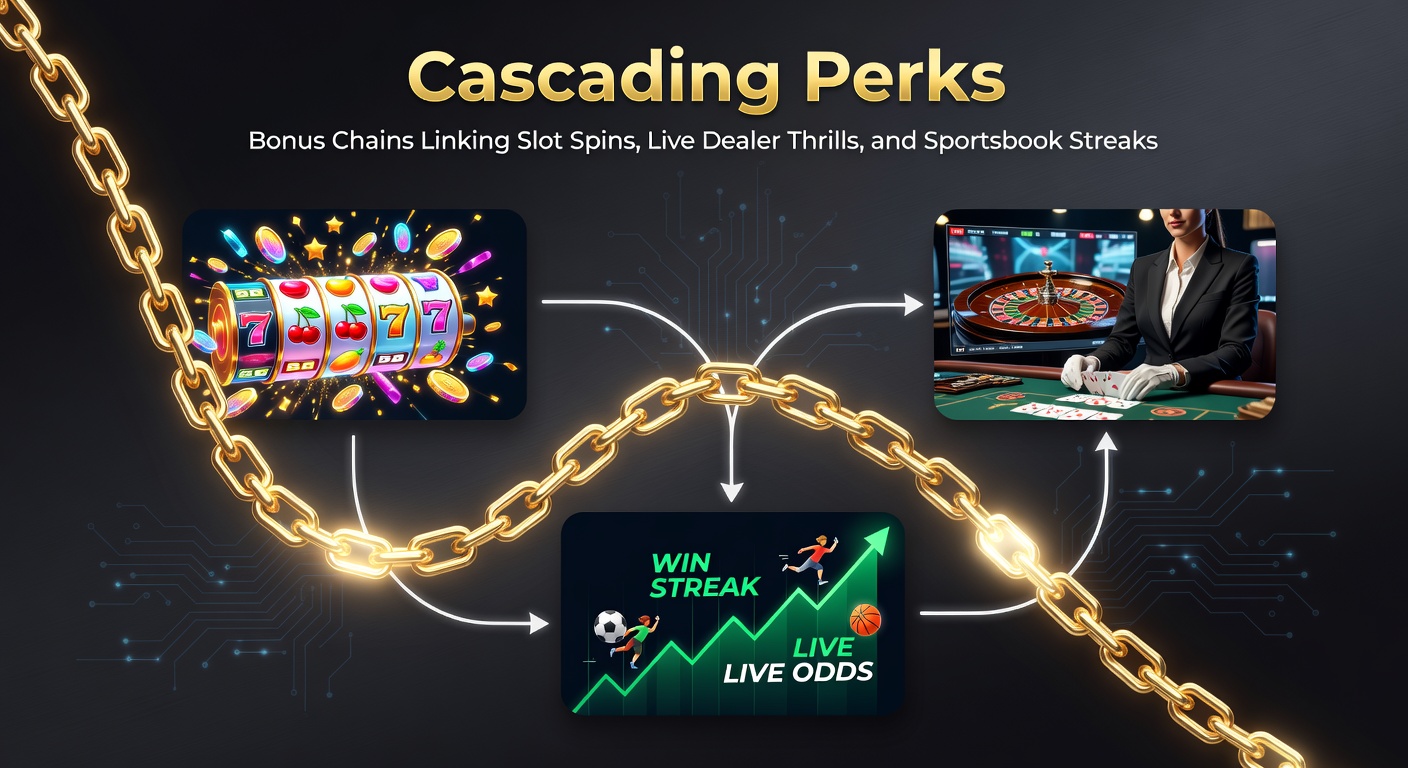 Live dealer roulette wheel spinning with overlaid slot bonus icons flowing into sportsbook bet slips, showing perk progression