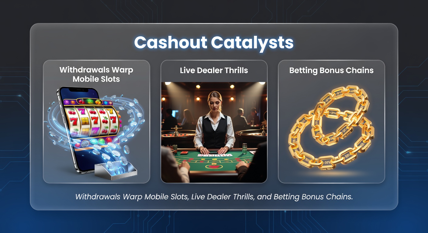 Live dealer at a high-stakes blackjack table with overlaid graphics of cashout buttons, mobile screens, and bonus chain icons pulsing in real-time