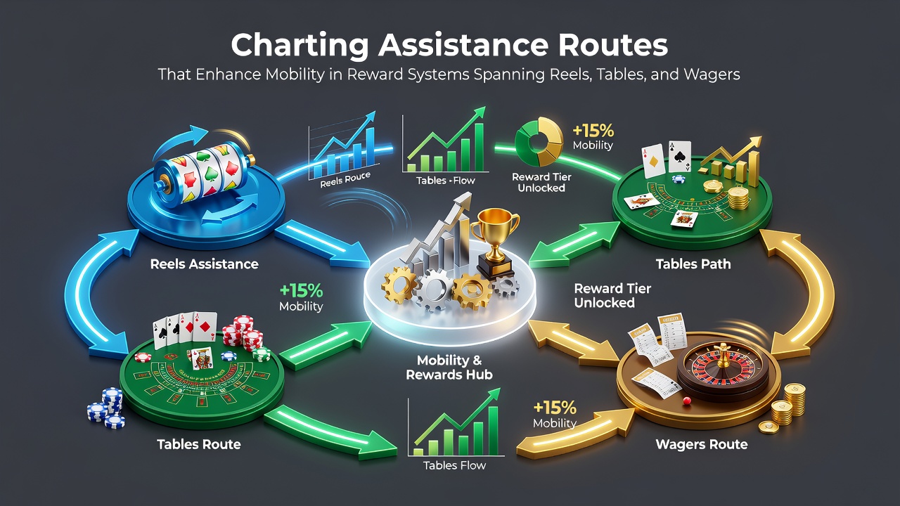 Diagram showing interconnected reward pathways across slot reels, gaming tables, and sports wagers with mobility arrows indicating seamless progression