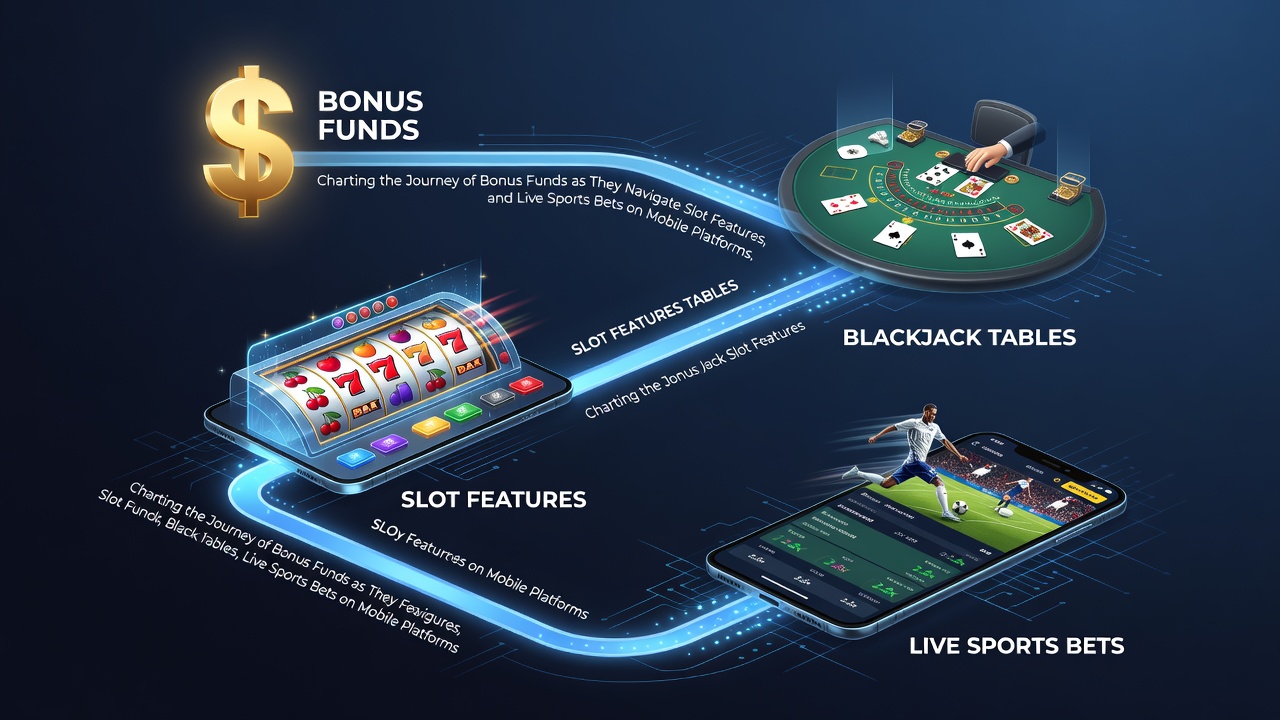 Illustration of bonus funds flowing through mobile slot features and interfaces