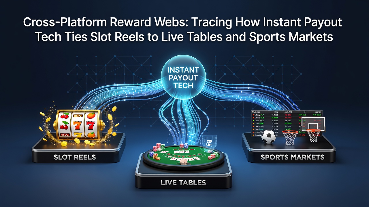 Cross-platform reward system connecting slot reels, live tables, and sports markets with instant payout indicators