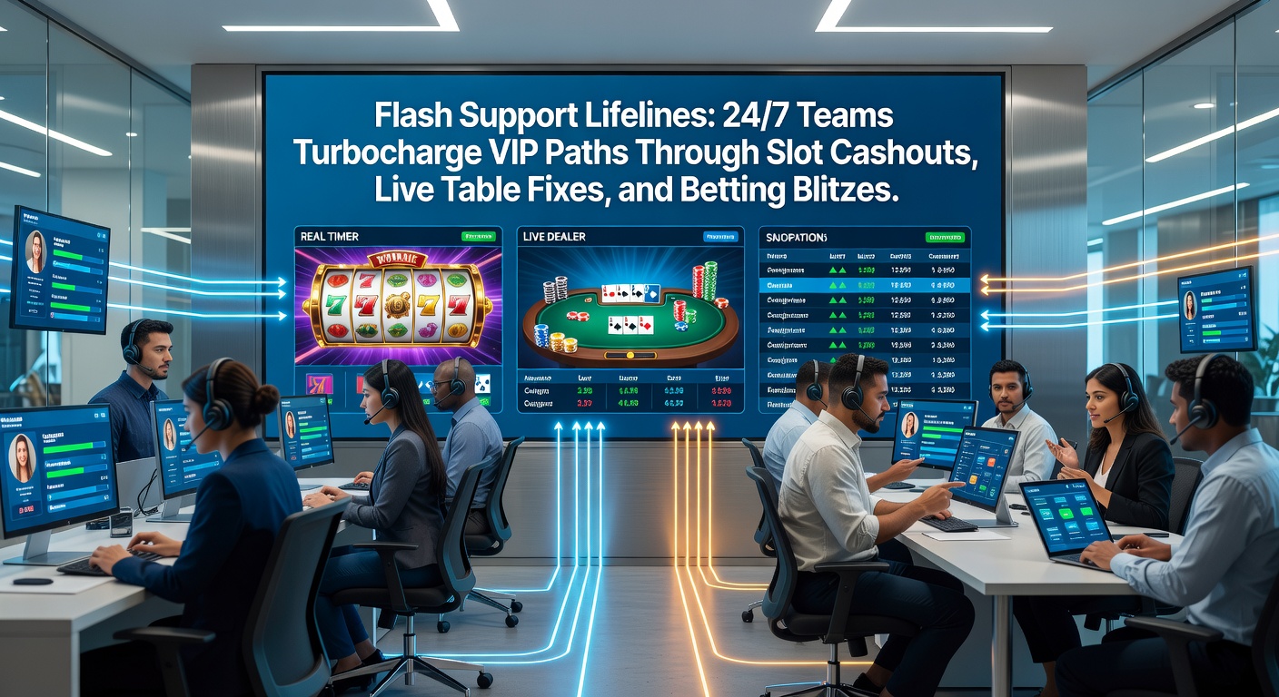 A dynamic team of support agents monitoring multiple screens in a high-tech operations center, handling real-time casino queries for VIP players