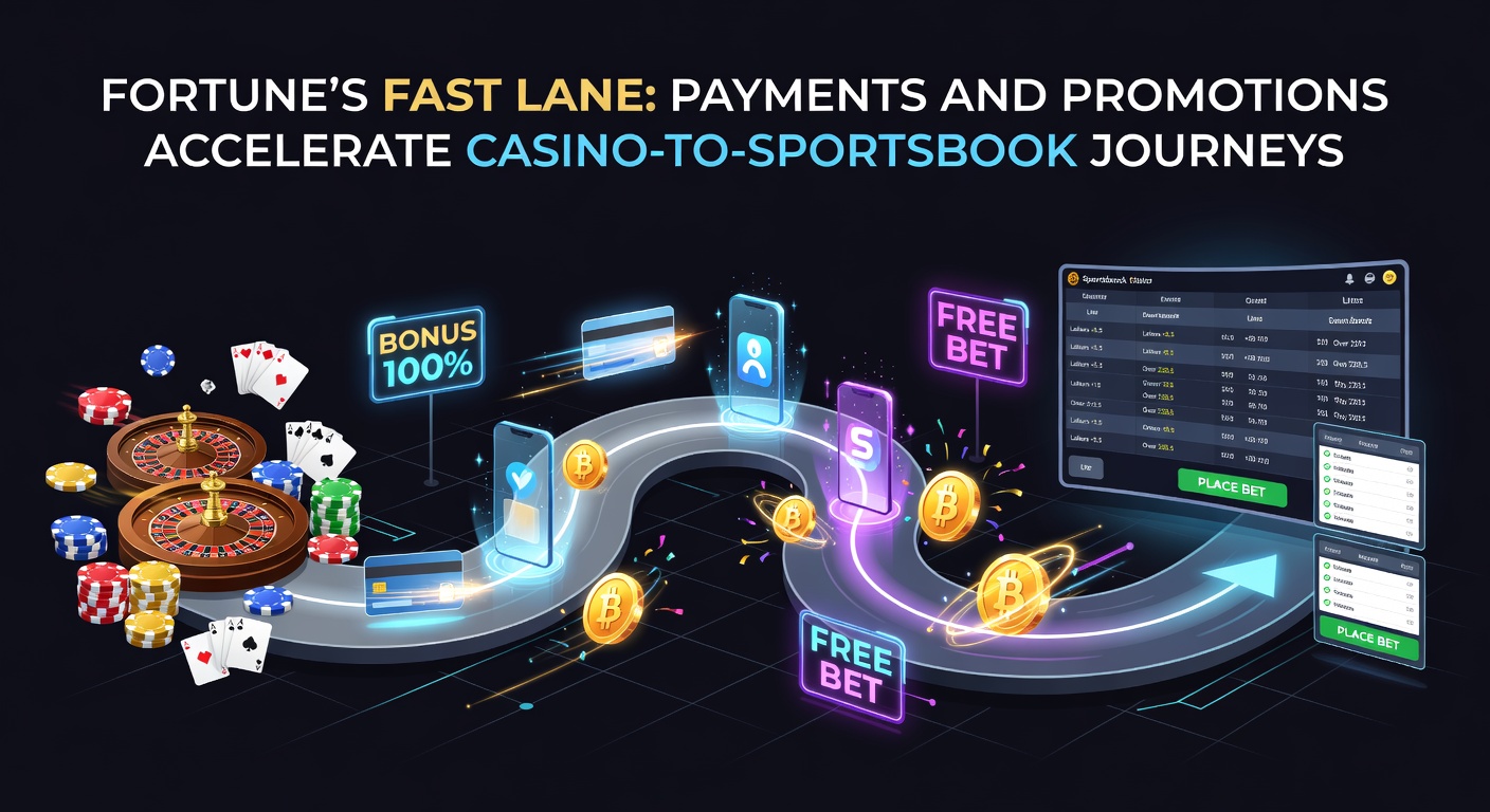 Digital dashboard showing seamless transitions between casino slots and sportsbook odds, with lightning-fast payment icons and promotional banners flashing across the screen