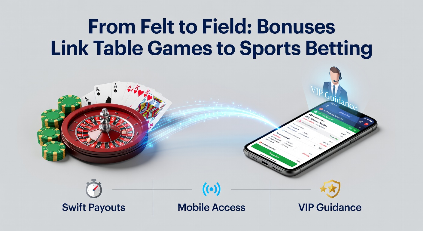 Dynamic graphic showing a poker table morphing into a sports field with bonus icons bridging the gap, highlighting seamless transitions in online gaming platforms