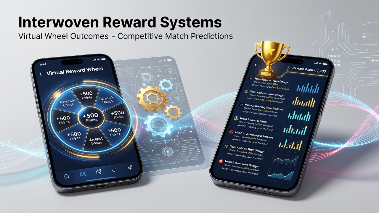 Mobile interface showing virtual wheel spins integrated with sports match prediction rewards