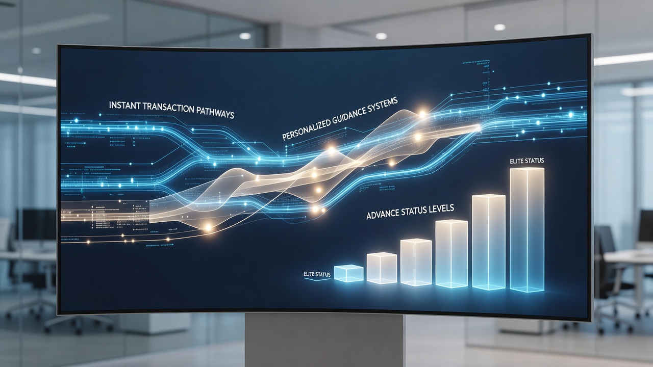 Visualization of status level progression linking video reels, live dealer sessions, and sports market engagements through shared transaction and guidance layers