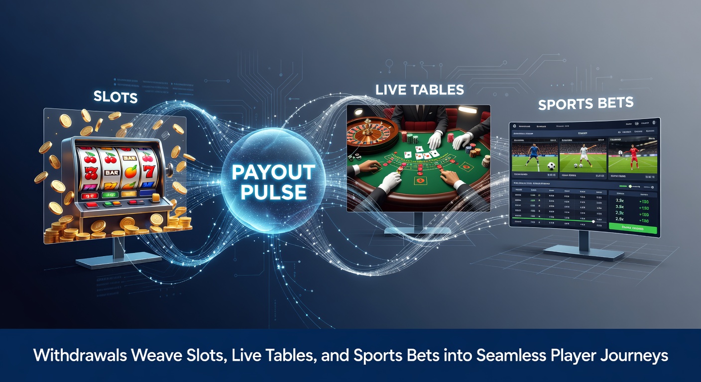 Digital dashboard showing seamless payout flows from slot wins to sports bets and live tables, with glowing transaction icons linking platforms