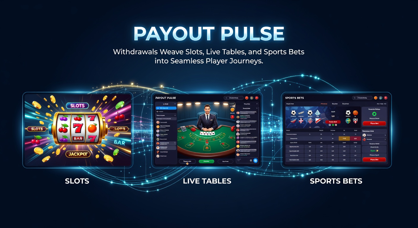 Animated graphic of payout streams flowing between slot reels, live dealer interfaces, and sports betting odds boards, illustrating interconnected cash movements