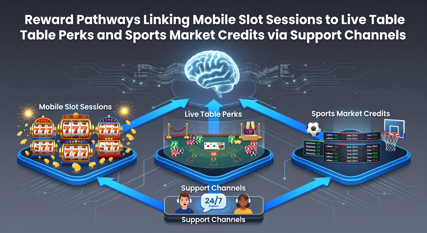 Diagram showing reward pathways from mobile slots to live tables and sports betting via support channels