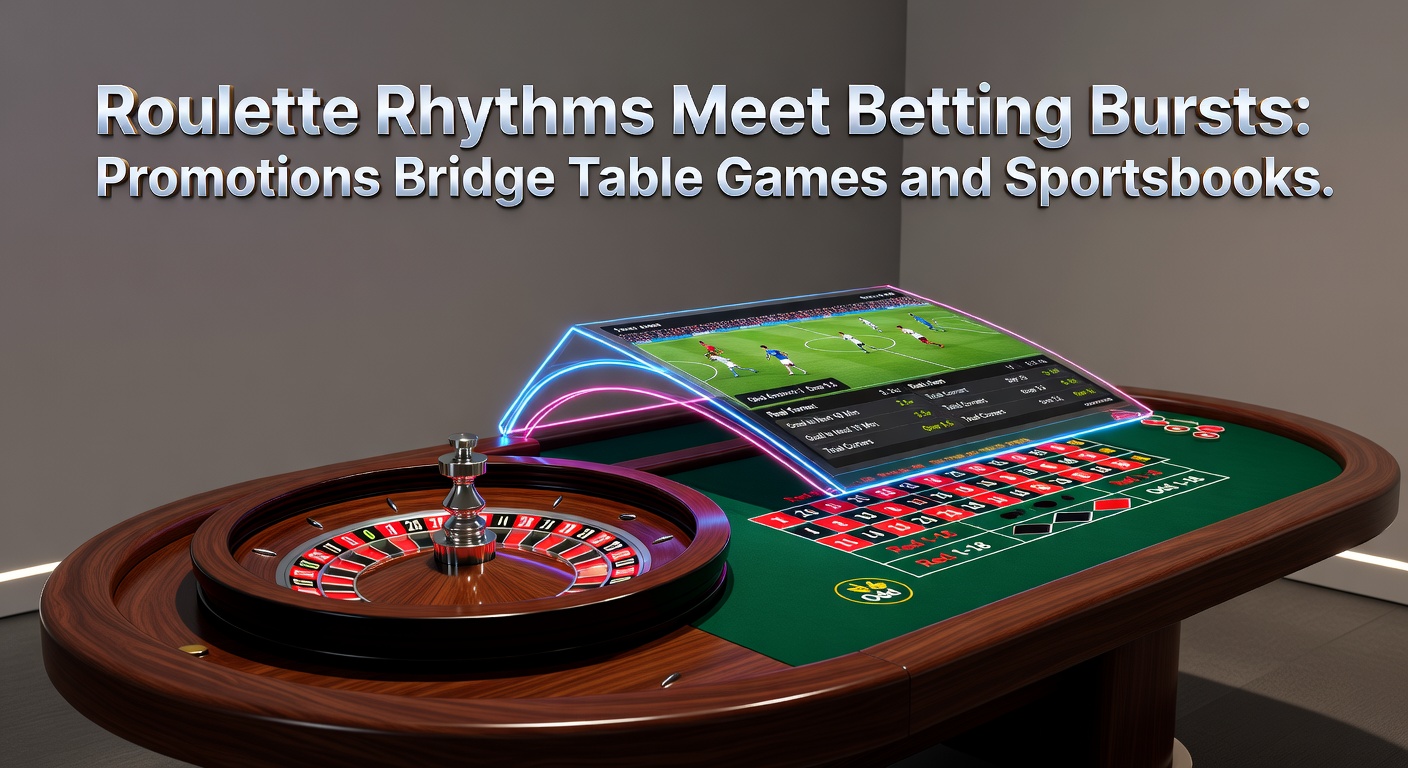 Vibrant roulette wheel spinning alongside a dynamic sports betting interface, symbolizing the fusion of table games and sportsbook action