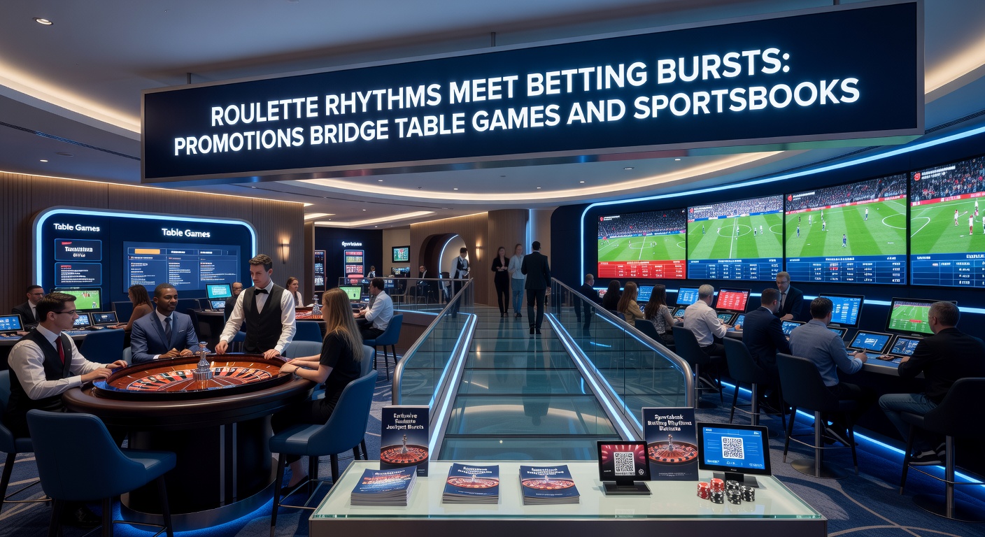 Split-screen view of a live roulette dealer and a bustling sportsbook odds board, illustrating promotional ties between classic casino play and sports wagering