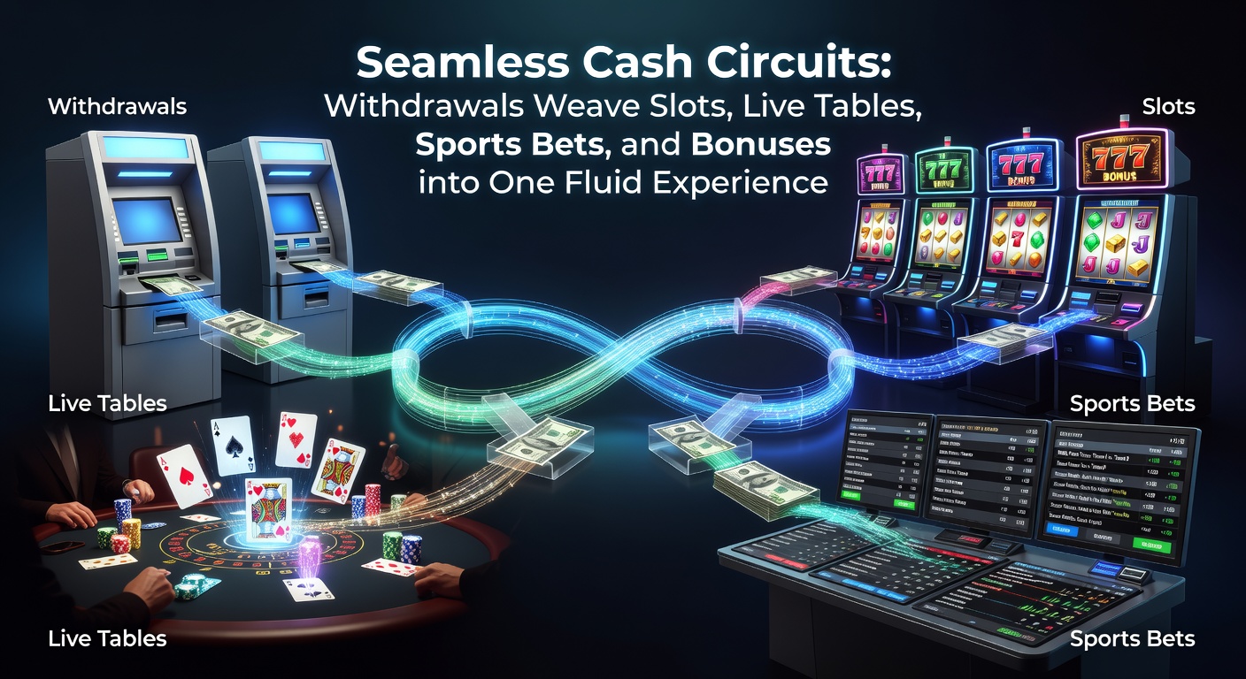 Digital interface showing seamless transfer icons linking slot reels, live dealer tables, sports betting odds, and bonus multipliers in a unified casino dashboard