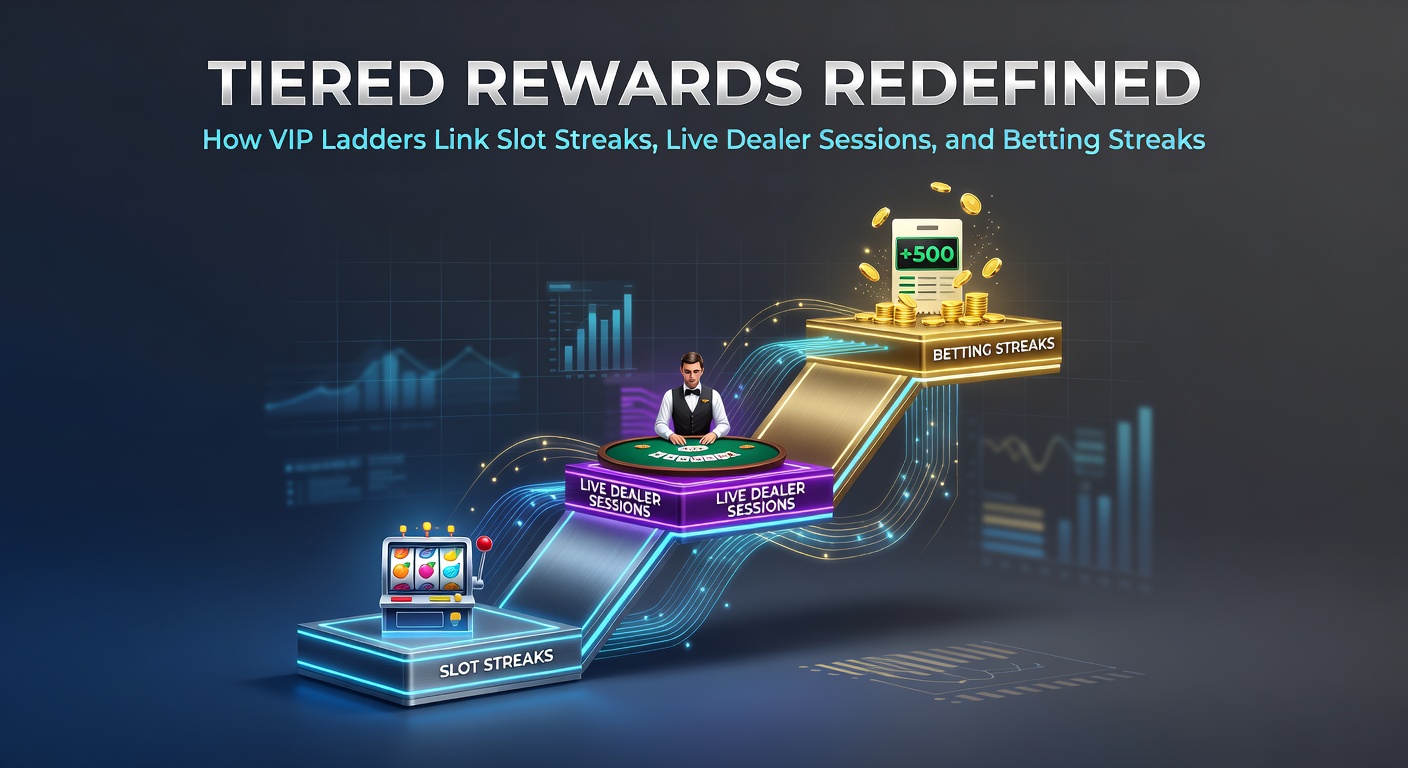 Vibrant casino floor showing slot machines, live dealer tables, and digital betting screens interconnected by glowing VIP ladder graphics