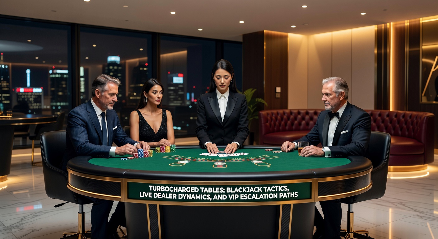 Dynamic live blackjack table with turbocharged action, cards flying and chips stacking high under bright casino lights