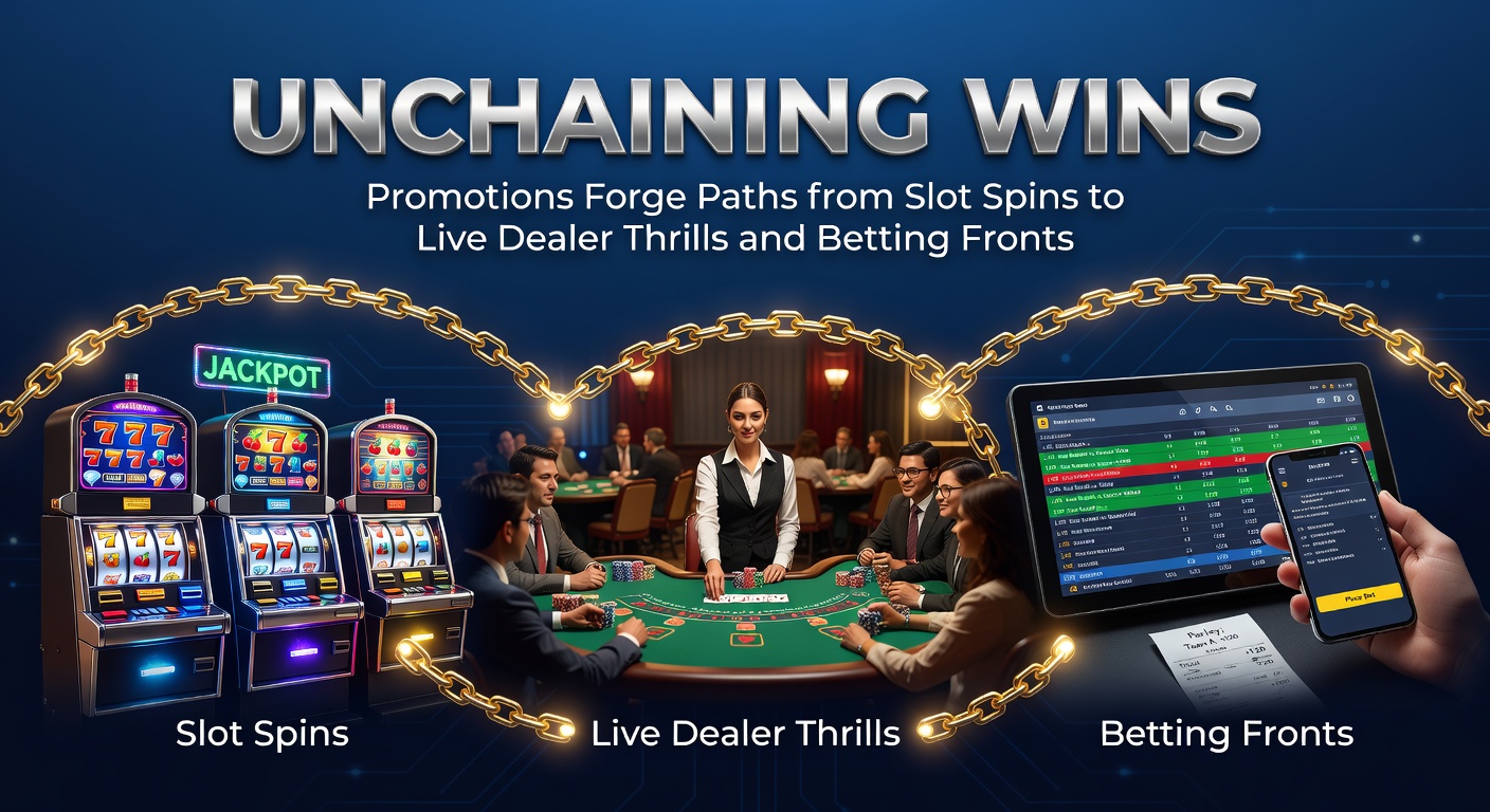 Vibrant slot machine reels spinning with cascading bonus symbols transitioning to a live dealer table and sports betting interface