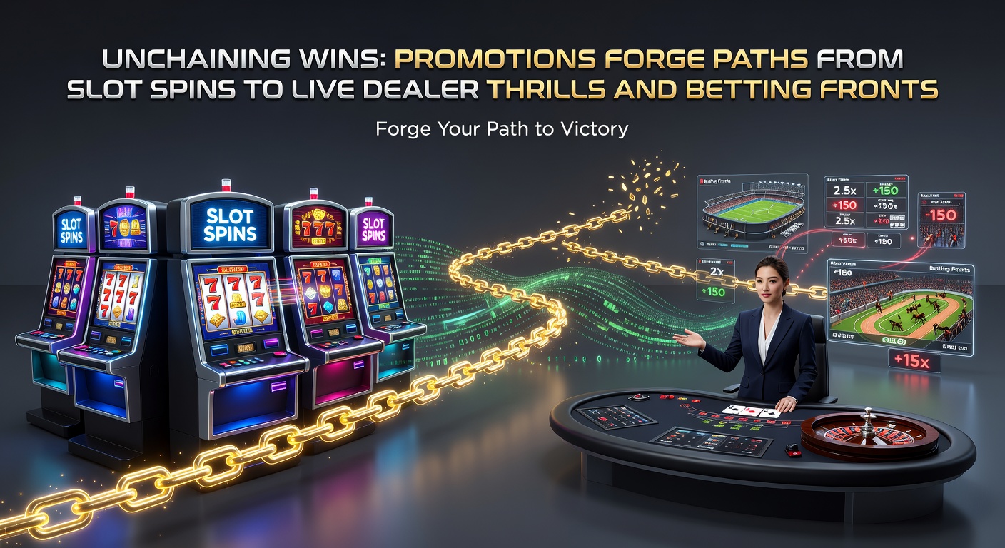 Dynamic graphic showing a chain of golden links connecting slot reels, live dealer cards, and sports betting odds boards with promotional icons exploding along the path
