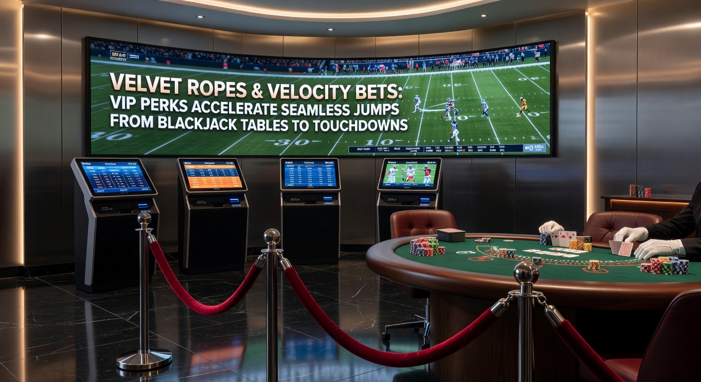Close-up of a VIP host guiding a player from casino tables to a high-tech sportsbook interface