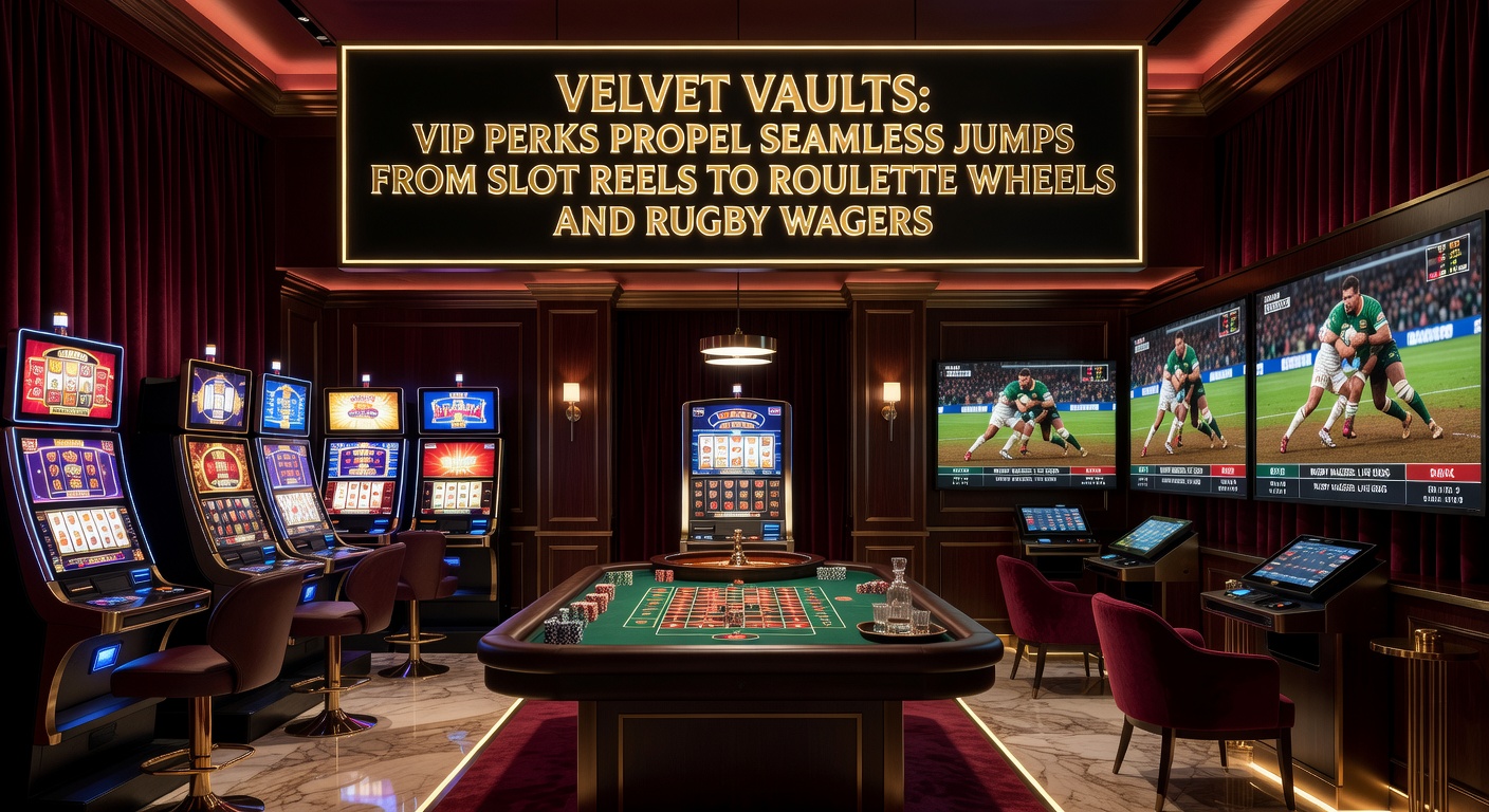 Glimpse inside a luxurious Velvet Vaults VIP lounge with glowing slot screens transitioning to roulette wheels and rugby match highlights on displays