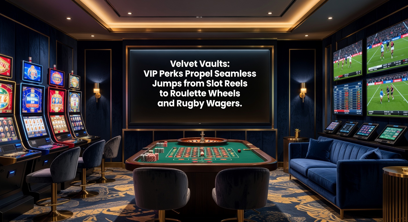 Dynamic split-screen showing a VIP player shifting from slot reels exploding with wins to a roulette wheel in motion and rugby players clashing on the field